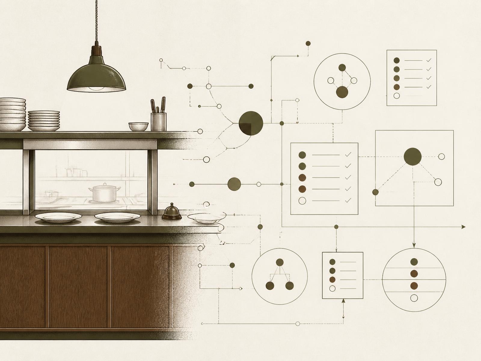 Editorial illustration of a restaurant pass resolving into an ordered systems diagram