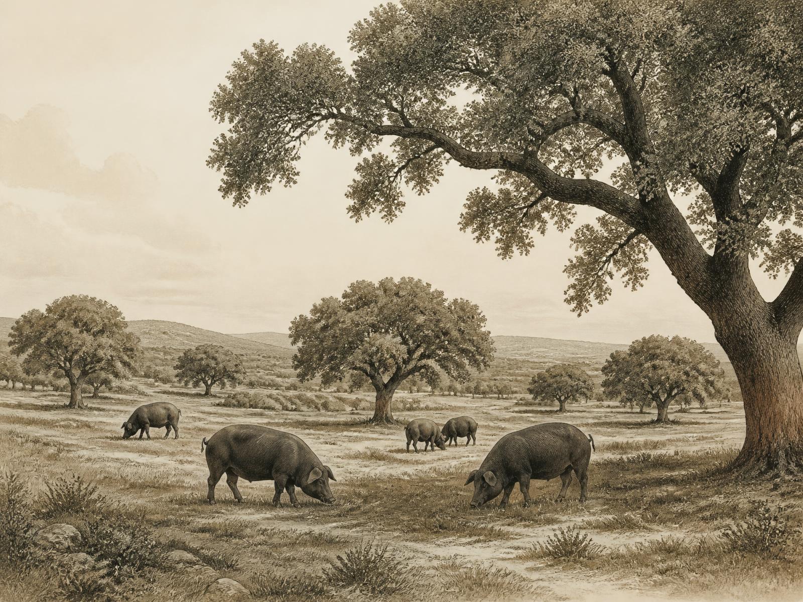Editorial illustration of Iberian pigs roaming beneath holm oaks in a Spanish dehesa