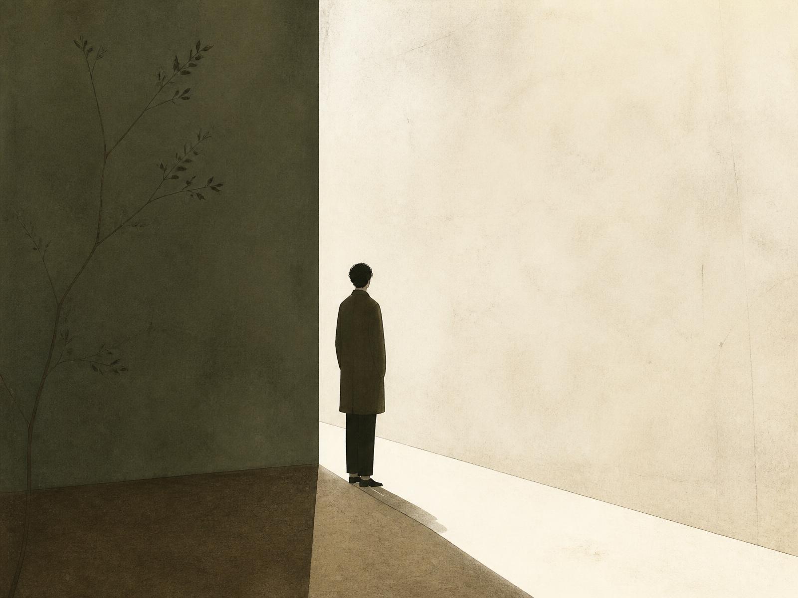 Editorial illustration of a solitary figure standing between shadow and light